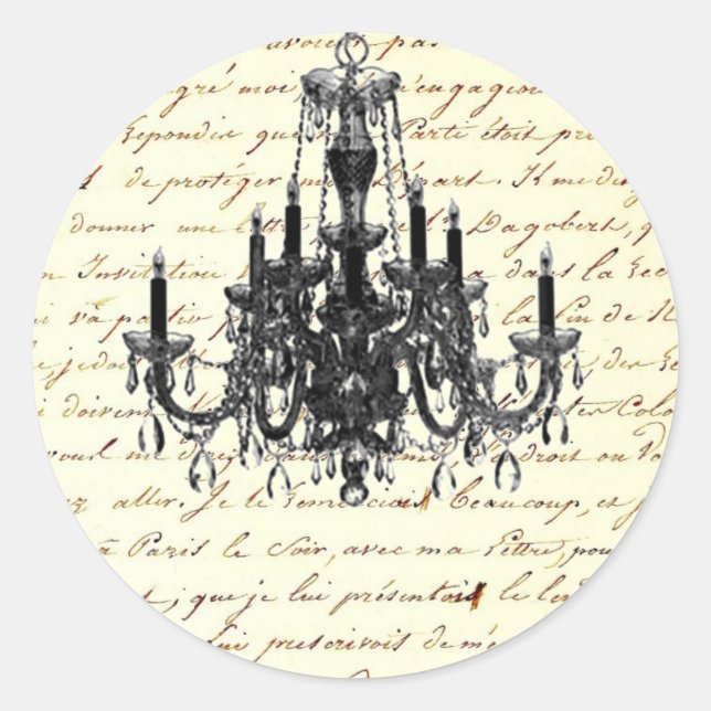 Pegatina Redonda vintage scripts paris chandelier boda (Anverso)
