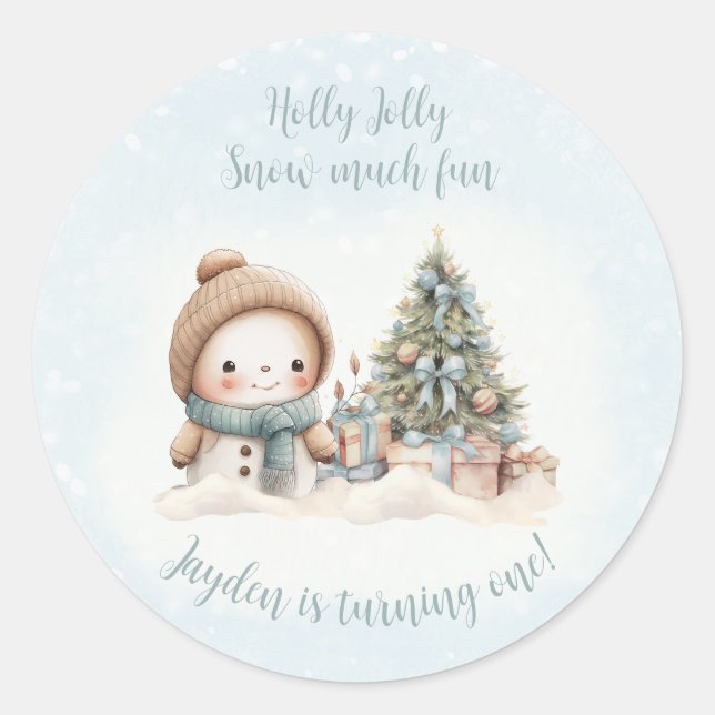 Pegatina Redonda Vintage Snowman Blue Navidades Primer cumpleaños (Anverso)