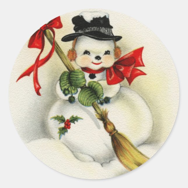 Pegatina Redonda Vintage Snowman de Navidad con baño (Anverso)