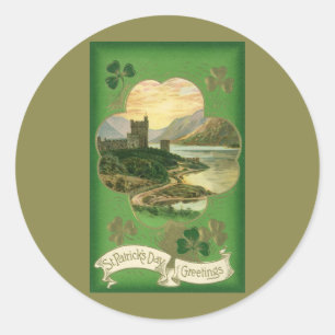 Pegatina Redonda Vintage St Patricks Day Saludos Castillo Shamrock