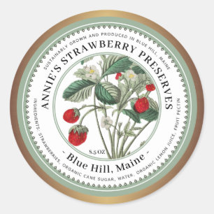 Pegatina Redonda Vintage Strawberry Ilustracion Gold Border Jelly
