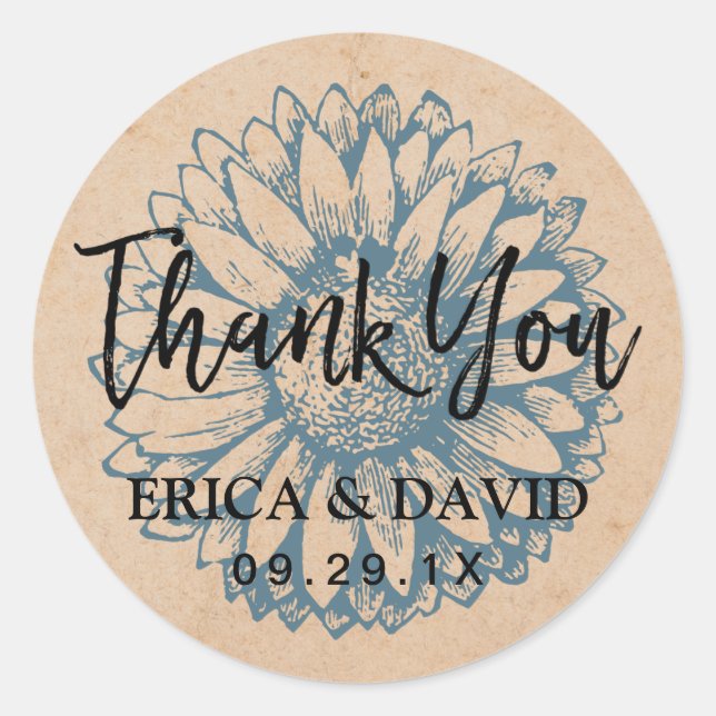 Pegatina Redonda Vintage Sunflower Boda Kraft Gracias (Anverso)