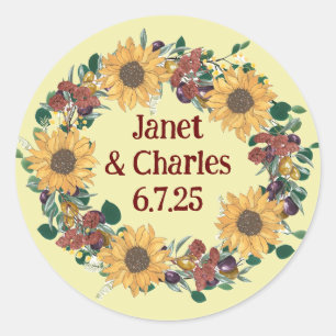 Pegatina Redonda Vintage Sunflower & Olives Boda Floral Wreath