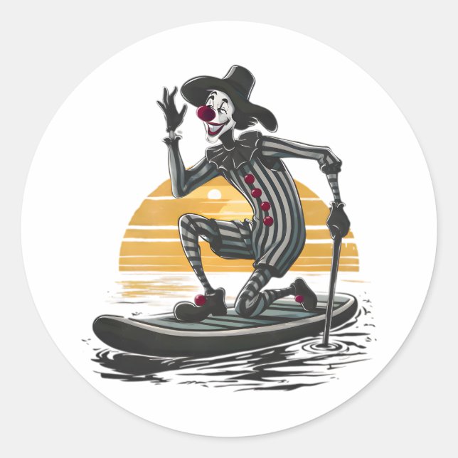 Pegatina Redonda Vintage Sunset Clown Paddleboarding (Anverso)