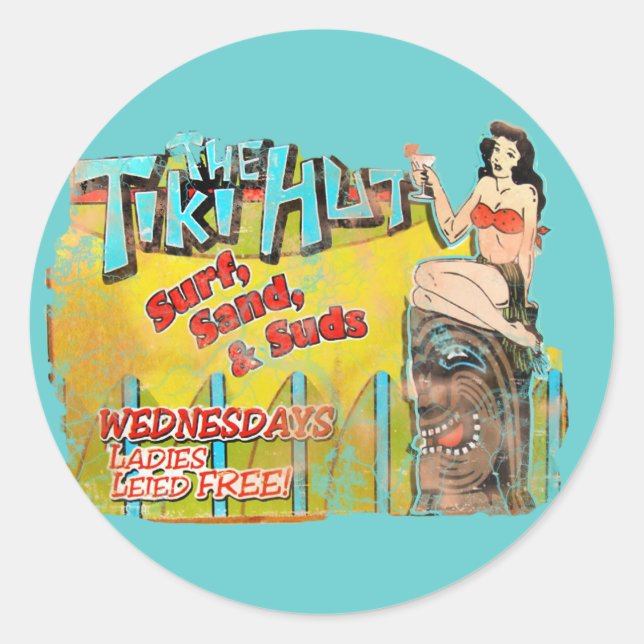Pegatina Redonda Vintage Tiki Hut Funny (Anverso)
