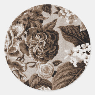 Pegatina Redonda Vintage Toile floral No.1 de Brown de la sepia