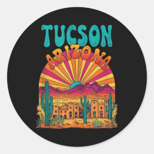 Pegatina Redonda Vintage Tucson Arizona Desert Sunset Skyline Cityl