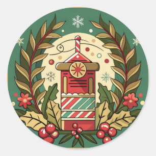 Pegatina Redonda vintage-vacaciones-postal-con-diseño intrincado