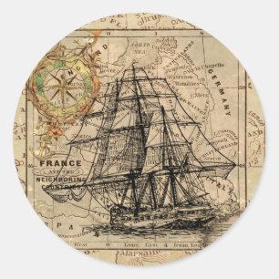 Pegatina Redonda Vintage Vailing Ship and Old European Map