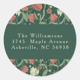 Pegatina Redonda Vintage Verde Rojo Floral Navidad Dirección de Dev