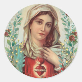 Pegatina Redonda Vintage Virgen Religiosa María Corazón Inmaculado 