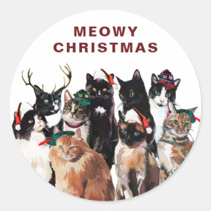 Pegatina Redonda Vintage Watercolor Cat Clowder Meowy Navidades