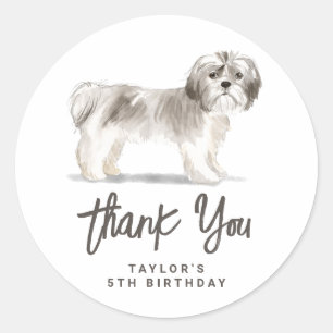 Pegatina Redonda Vintage Watercolor Gray Shih Tzu Cumpleaños