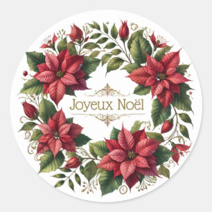 Pegatina Redonda Vintage Watercolor Poinsettias French Joyeux Noël