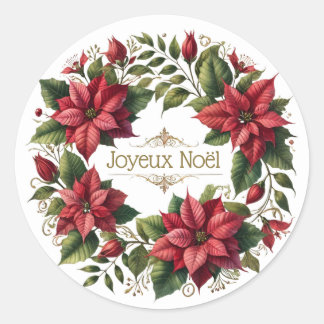 Pegatina Redonda Vintage Watercolor Poinsettias French Joyeux Noël
