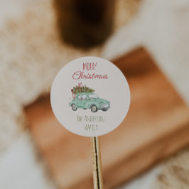 Pegatina Redonda Vintage Watercolor Red Green Car Tree Navidades