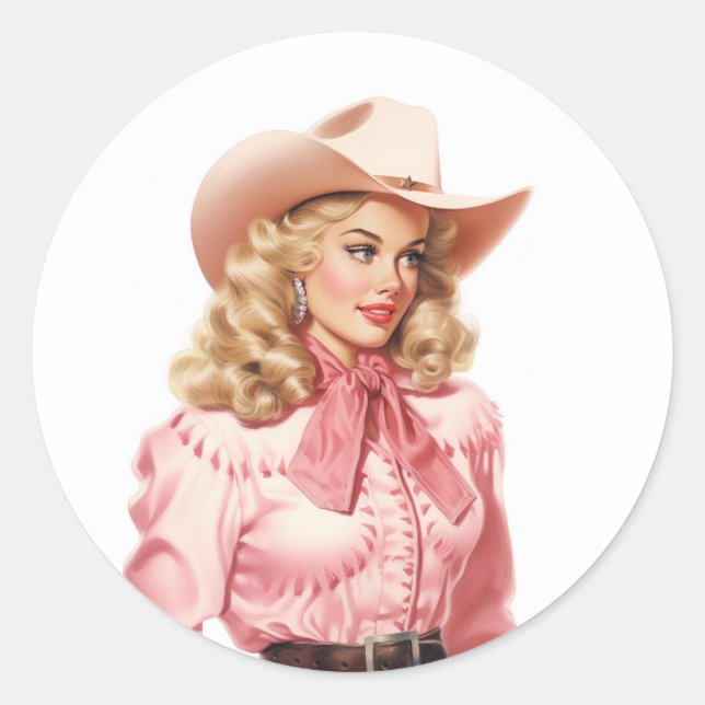 Pegatina Redonda Vintage Western Cowgirl (Anverso)