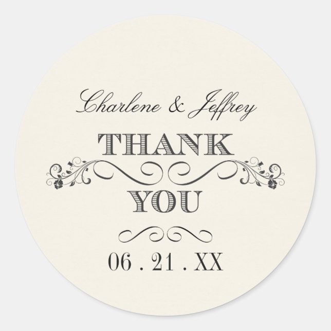 Pegatina Redonda Vintage White Elegant Wedding Gracias WT313 (Anverso)
