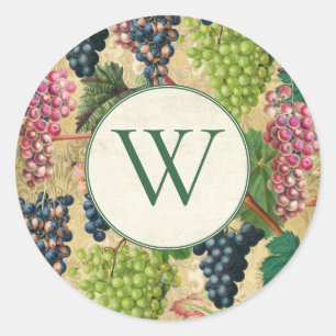 Pegatina Redonda Vintage Wine Grapes Monograma Classic Round Pegati