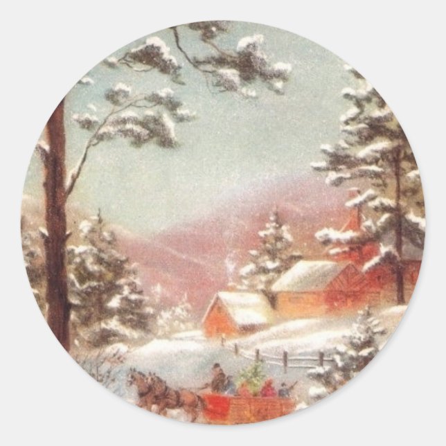 Pegatina Redonda Vintage Winter Country Scene (Anverso)
