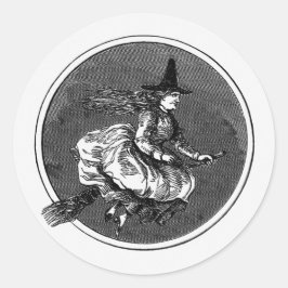 Pegatina Redonda Vintage Witch On Broom Halloween