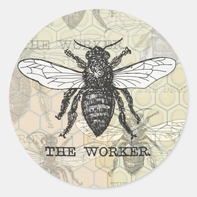 Pegatina Redonda Vintage Worker Bee Ilustracion Art (Anverso)