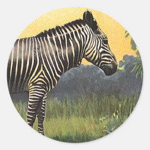 Pegatina Redonda Vintage Zebra in the African Savannah, animal salv
