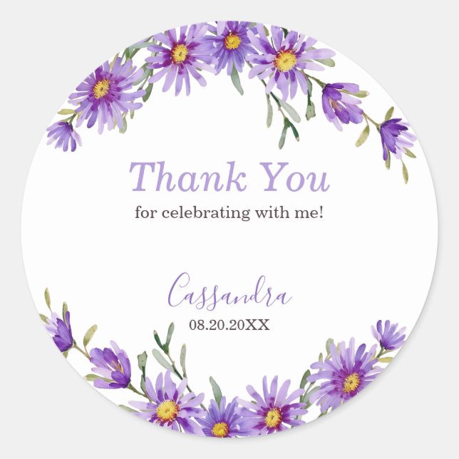 Pegatina Redonda Violet Aster Floral cumpleaños botánico Gracias (Anverso)
