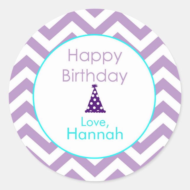 Pegatina Redonda Violet Chevron Custom Happy Birday Stickers (Anverso)