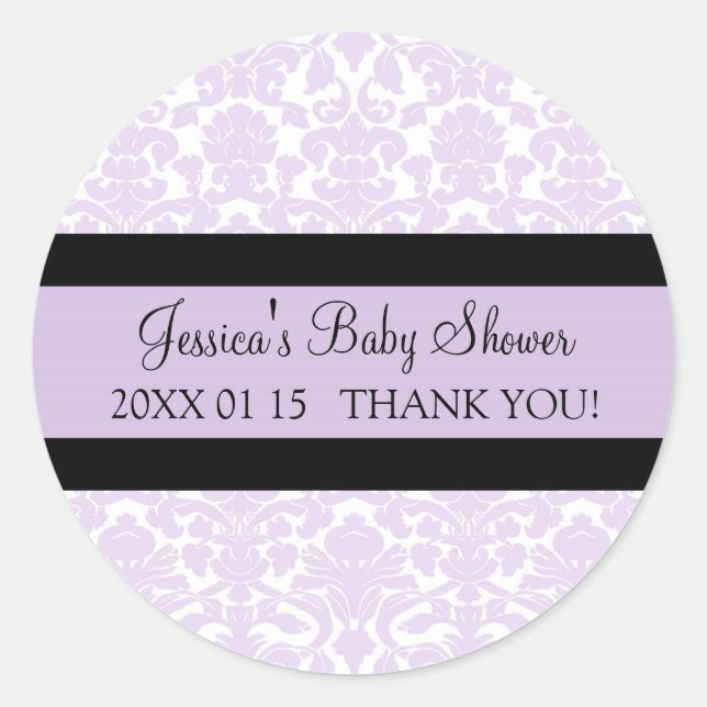 Pegatina Redonda Violet Damask Baby Shower Favor Pegatinas (Anverso)
