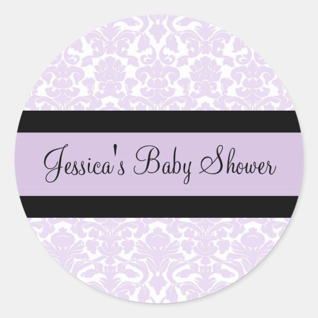Pegatina Redonda Violet Damask Baby Shower Favor Pegatinas (Anverso)