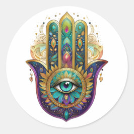Pegatina Redonda Violet Green Gold Petals Hamsa Turquoise Third Eye
