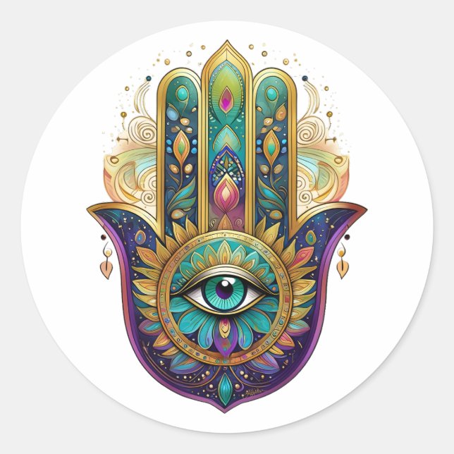 Pegatina Redonda Violet Green Gold Petals Hamsa Turquoise Third Eye (Anverso)