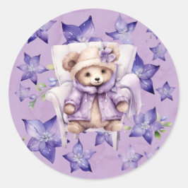 Pegatina Redonda Violet Teddy Bear Chair Stars Chica Baby Shower