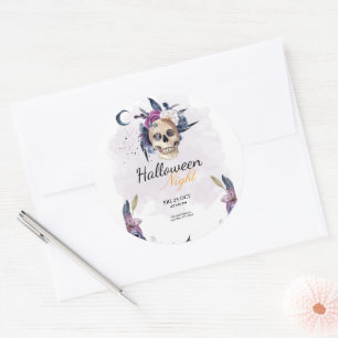 Pegatina Redonda Violet Watercolor Halloween Party Cráneo gótico