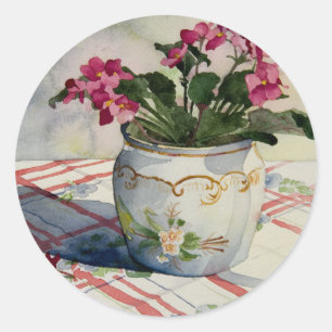 Pegatina Redonda Violetas africanas en olla azul de 1790
