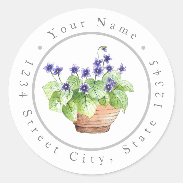 Pegatina Redonda Violetas de acuarela potentes (Anverso)