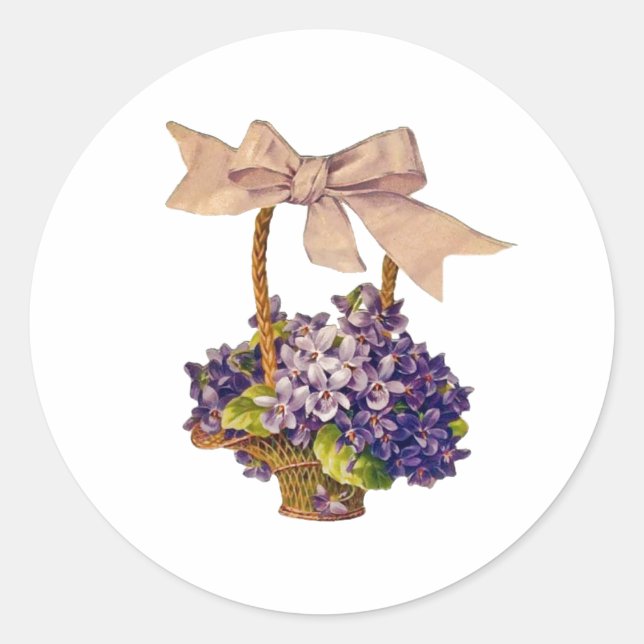 Pegatina Redonda Violetas de época en una canasta (Anverso)
