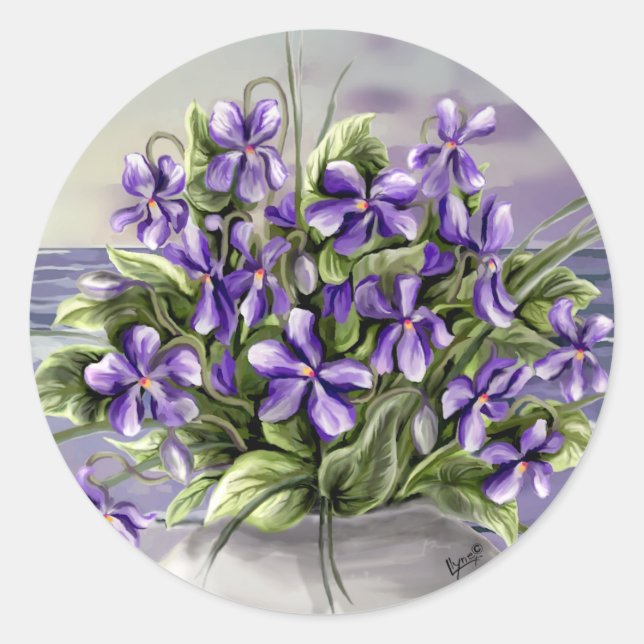 Pegatina Redonda violetas en tarro lunar (Anverso)