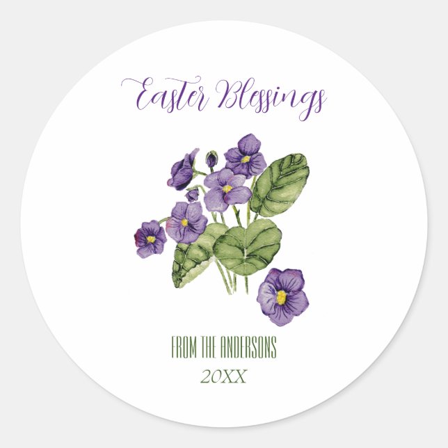 Pegatina Redonda Violetas moradas bendiciones de Pascua Clásico Rou (Anverso)