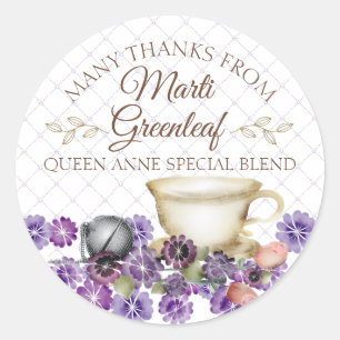Pegatina Redonda Violets teapot teacup hand fusionar té personaliza
