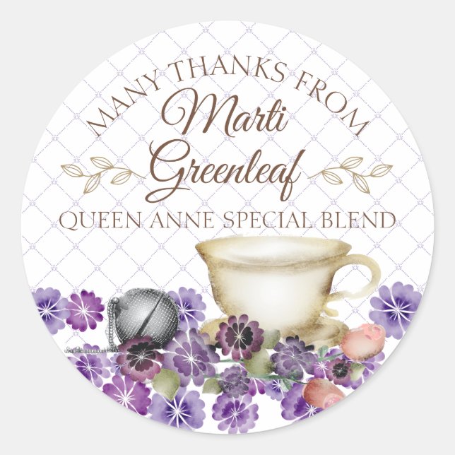 Pegatina Redonda Violets teapot teacup hand fusionar té personaliza (Anverso)