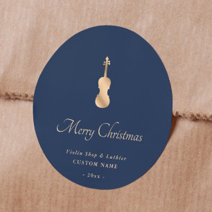 Pegatina Redonda Violin de Oro Lutheriano Elegante Feliz Navidad