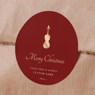 Pegatina Redonda Violin de Oro Lutheriano Elegante Feliz Navidad
