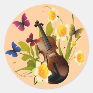 PEGATINA REDONDA VIOLÍN, FLORES Y MARIPOSAS
