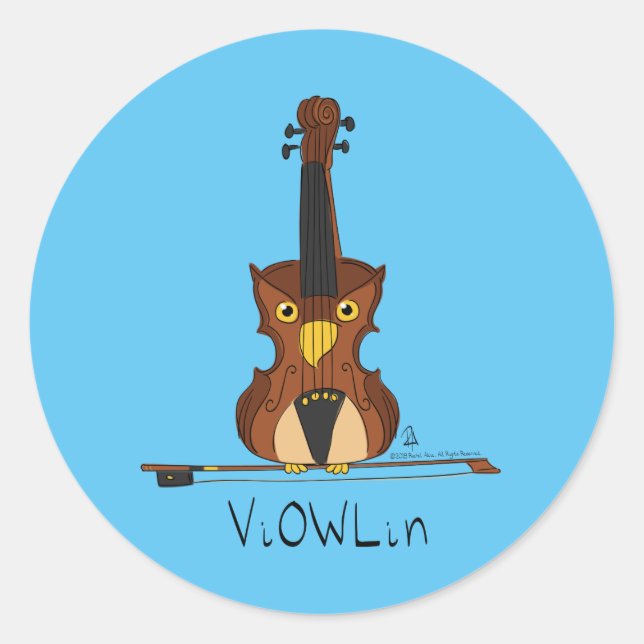Pegatina Redonda Violin Owl Funny Cute Kids Music (Anverso)