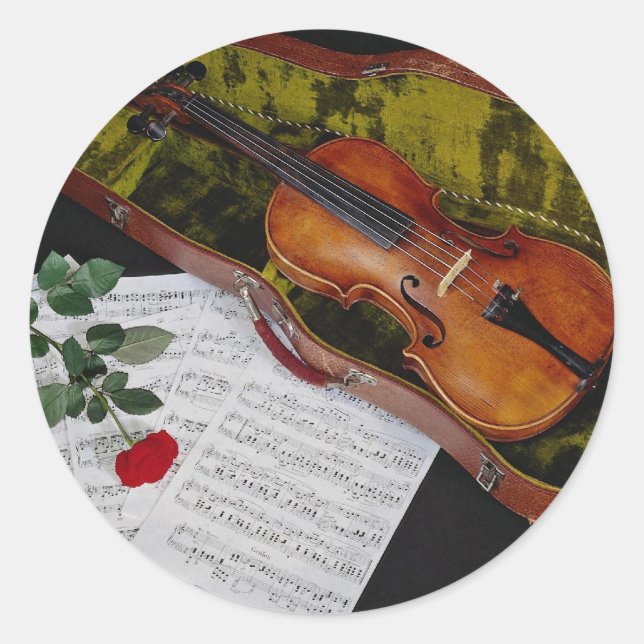 Pegatina Redonda Violín y rosa rojo sobre fondo negro (Anverso)
