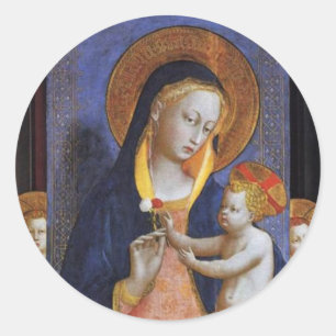 PEGATINA REDONDA VIRGEN CON NIÑOS, ÁNGELES Y SANTOS