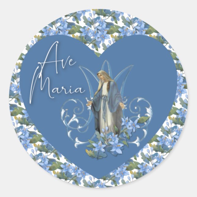 Pegatina Redonda Virgen Cristiana Floral Azul María Ave Maria (Anverso)