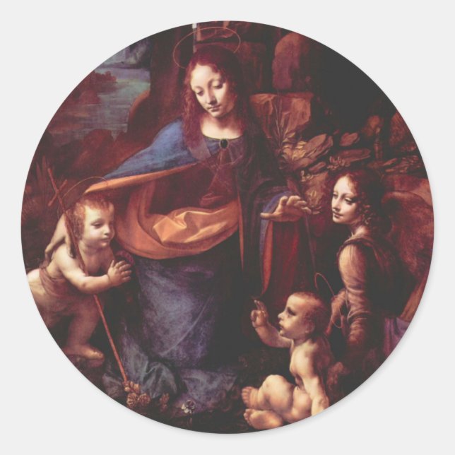 Pegatina Redonda Virgen de Leonardo da Vinci (Madonna) de las Rocas (Anverso)